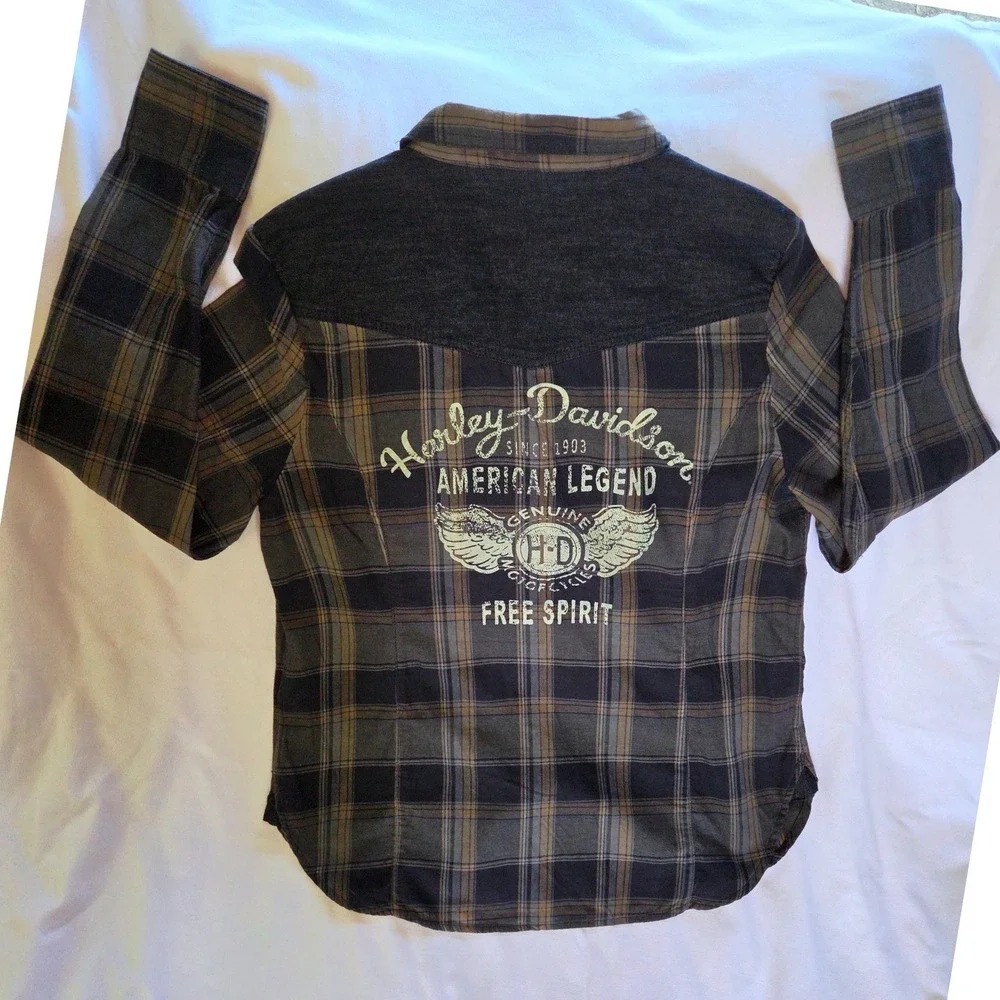 Harley Davidson Plaid Snap Down Women L Gray Tan Graphic Back 96337-19VW‎